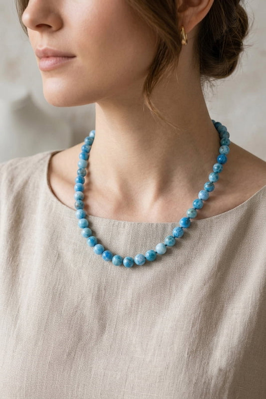 Hakiki Apatit Taşı Düğümlü Kolye - 8 mm Küre Kesim
