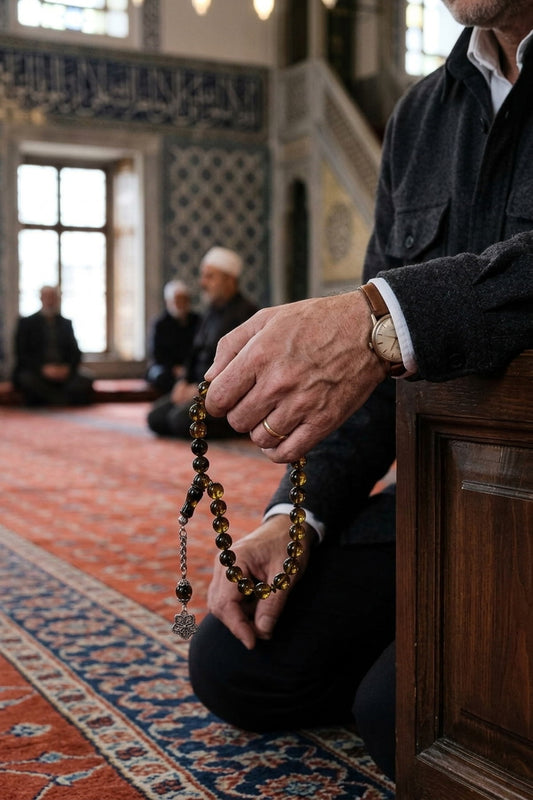 Orijinal Damla Kehribar Gümüş Püsküllü Tesbih - Konyak 8 mm