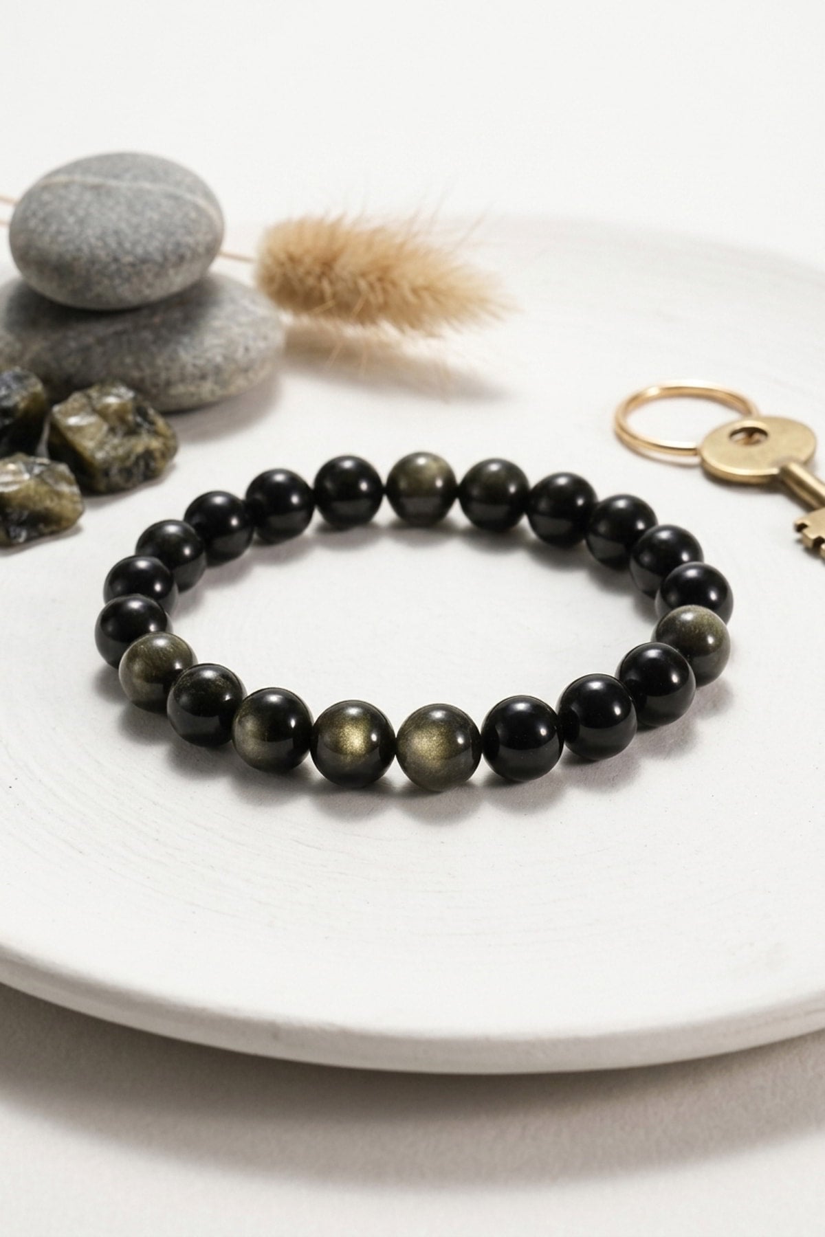Doğal Gold Obsidyen Taşı Unisex Bileklik - Siyah Altın Parıltılı