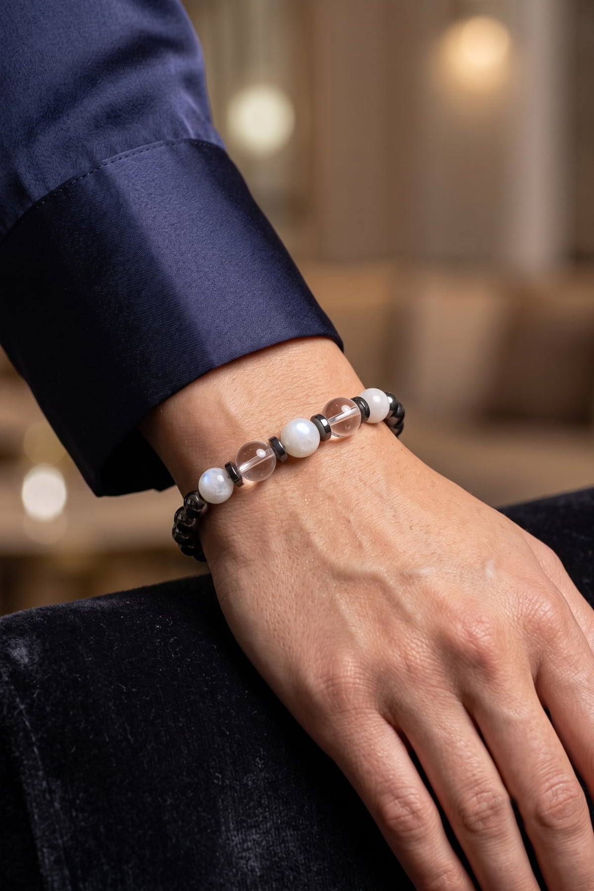 Hematit Ay Taşı ve Kristal Kuvars Taşlı Unisex Doğal Taş Bileklik