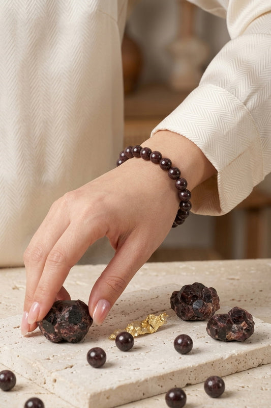 Hakiki Lal Taşı Bileklik - Küre Kesim Bordo Garnet