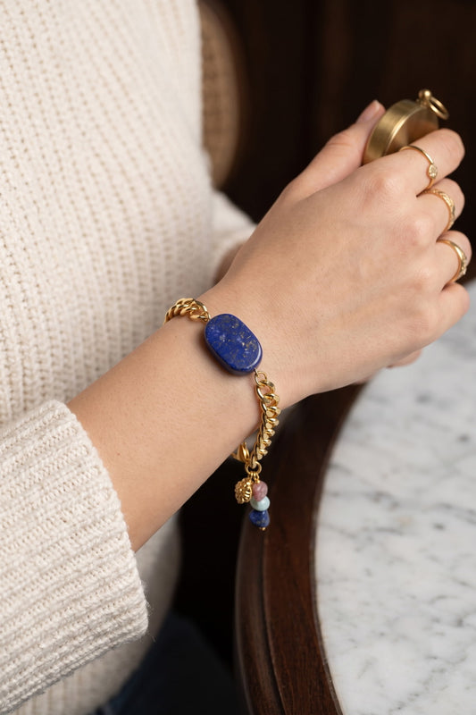 Gold Zincirli Prizma Lapis Lazuli Doğal Taş Bileklik