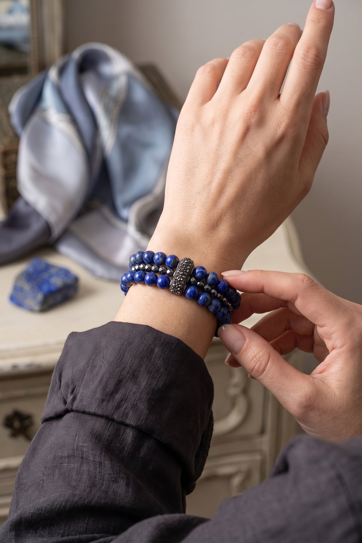 Ilgın Doğal Taş Lapis Lazuli ve Hematit 3'lü Bileklik - Lacivert