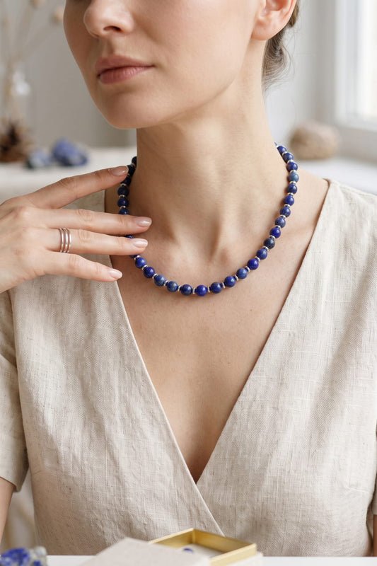 Hakiki Lapis Lazuli ve Hematit Kolye - Lacivert Küre Kesim