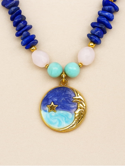Gökyüzünün Kalbinden | Lapis Lazuli, Amazonit, Kuvars Doğal Taş Kolye – El Yapımı & 24 Ayar Altın Kaplama