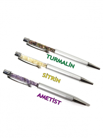 Turmalin, Ametist, Sitrin Doğal Taşlı Özel Tasarım Tükenmez Kalem Seti | 3’lü Nadir Koleksiyon