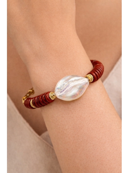 Kırmızı Jasper Doğal Taş ve Orijinal Barok İnci Bileklik | 24 Ayar Altın Kaplama, El Yapımı Özel Tasarım