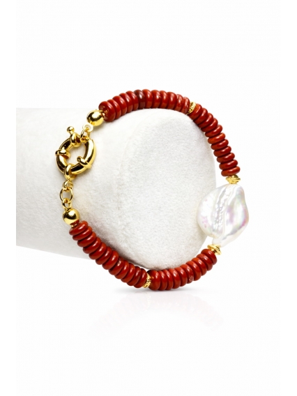 Kırmızı Jasper Doğal Taş ve Orijinal Barok İnci Bileklik | 24 Ayar Altın Kaplama, El Yapımı Özel Tasarım
