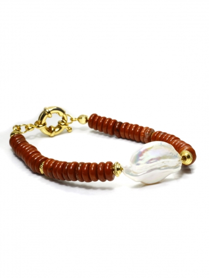 Kırmızı Jasper Doğal Taş ve Orijinal Barok İnci Bileklik | 24 Ayar Altın Kaplama, El Yapımı Özel Tasarım