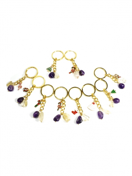 24 Ayar Altın Kaplama Sitirin & Ametist Doğal Taş Anahtarlık – Yeni Yıl Temalı
