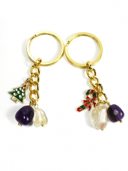 24 Ayar Altın Kaplama Sitirin & Ametist Doğal Taş Anahtarlık – Yeni Yıl Temalı