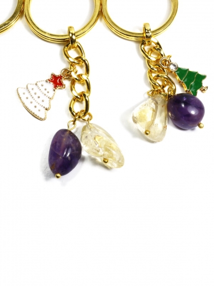 24 Ayar Altın Kaplama Sitirin & Ametist Doğal Taş Anahtarlık – Yeni Yıl Temalı