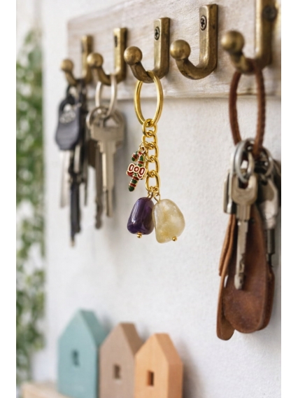 24 Ayar Altın Kaplama Sitirin & Ametist Doğal Taş Anahtarlık – Yeni Yıl Temalı