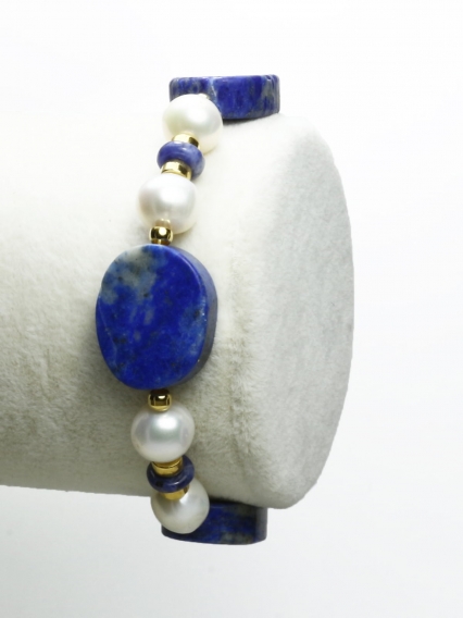 Lapis Lazuli Taşı İnci Detaylı 24 Ayar Gerçek Altın Kaplama Bileklik