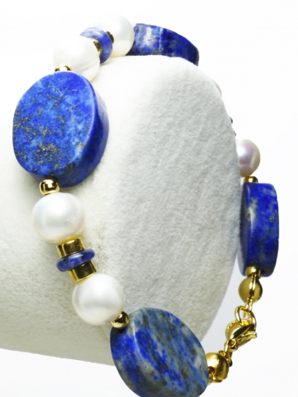 Lapis Lazuli Taşı İnci Detaylı 24 Ayar Gerçek Altın Kaplama Bileklik