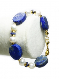 Lapis Lazuli Taşı İnci Detaylı 24 Ayar Gerçek Altın Kaplama Bileklik