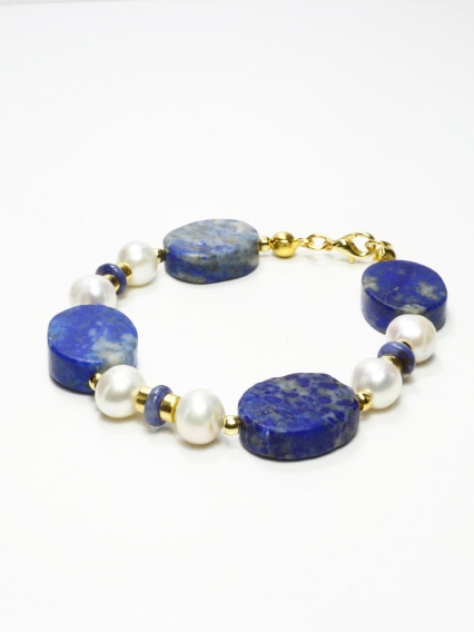 Lapis Lazuli Taşı İnci Detaylı 24 Ayar Gerçek Altın Kaplama Bileklik