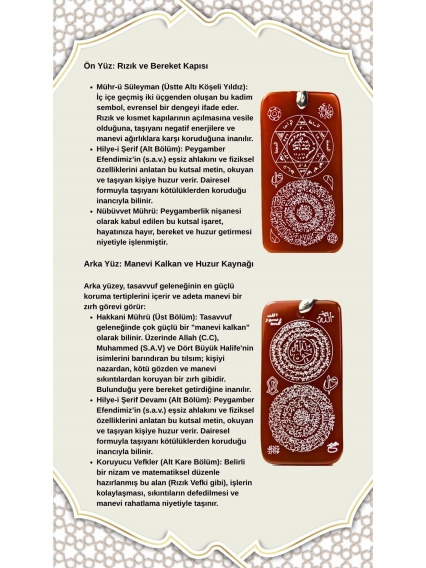 Çift Taraflı Hilye-i Şerif ve Mühr-ü Süleyman Yazılı Yemen Zırhı Akik Kolye Ucu