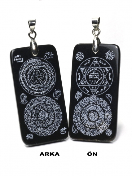 Hakiki Siyah Akik Üzerine Mührü Süleyman ve Zırh Duaları İşlemeli Çift Taraflı Koruyucu Kolye