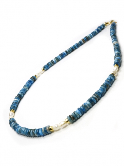 Doğal Apatit Taşı ve Gerçek İnci Detaylı Altın Kaplama Kadın Kolye - Okyanus Mavisi Tasarım