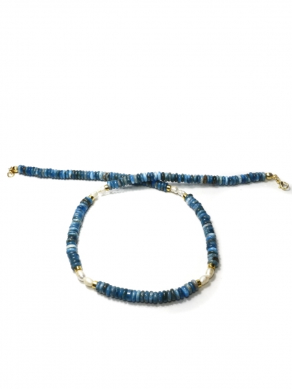 Doğal Apatit Taşı ve Gerçek İnci Detaylı Altın Kaplama Kadın Kolye - Okyanus Mavisi Tasarım