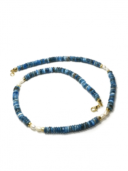 Doğal Apatit Taşı ve Gerçek İnci Detaylı Altın Kaplama Kadın Kolye - Okyanus Mavisi Tasarım