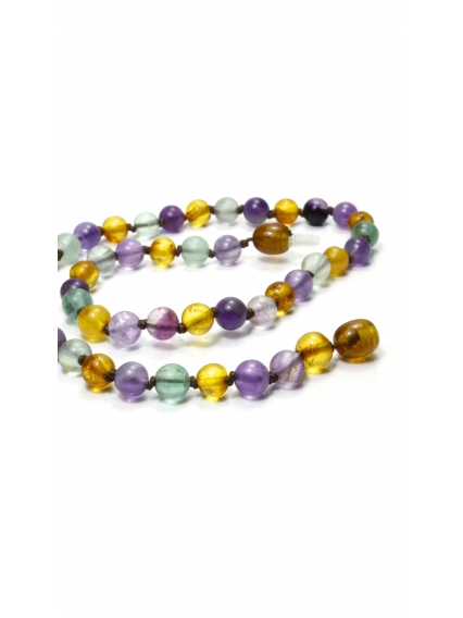 Orijinal Damla Kehribar Ametist ve Florit Doğal Taş Kolye | Öğrenci Başarı Taşı ve Odaklanma