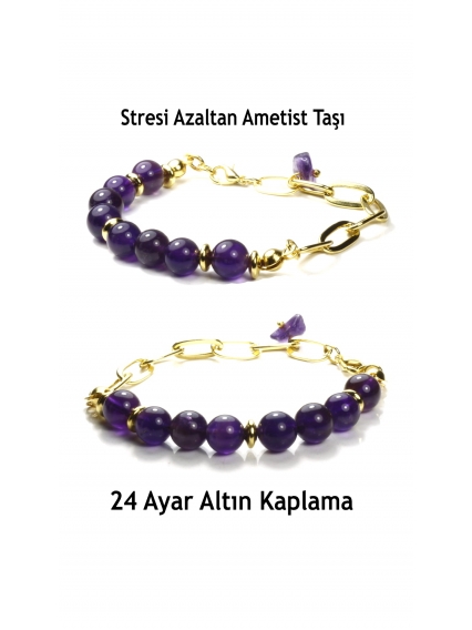 Orijinal Ametist Taşı Bileklik | 24 Ayar Altın Kaplama Gerçek Doğal Taş Takı