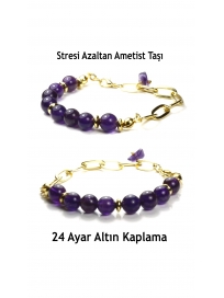 Orijinal Ametist Taşı Bileklik | 24 Ayar Altın Kaplama Gerçek Doğal Taş Takı