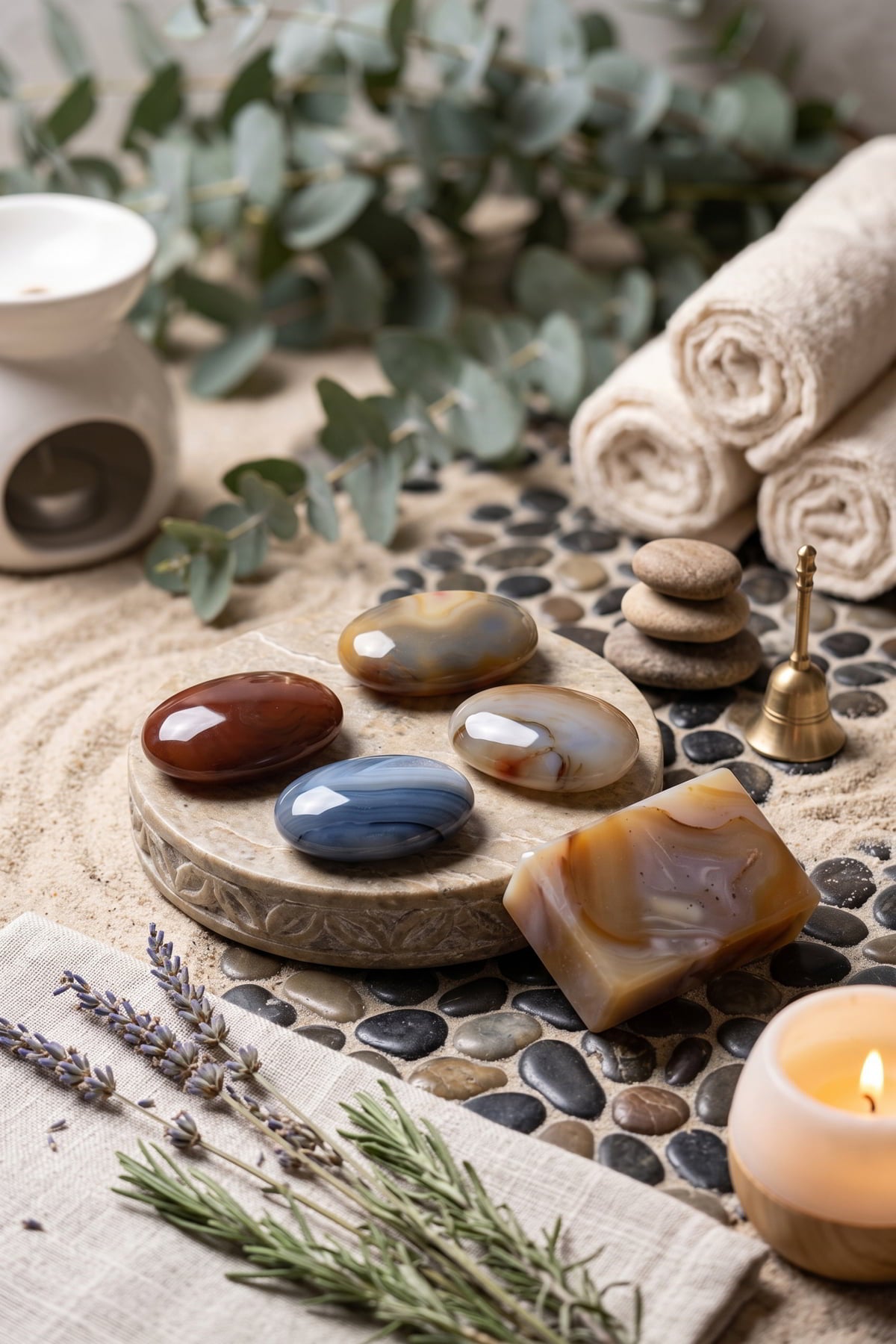 Doğal Akik Taşlı SPA Masaj Taşı - Oval Cilt Terapi Taşı
