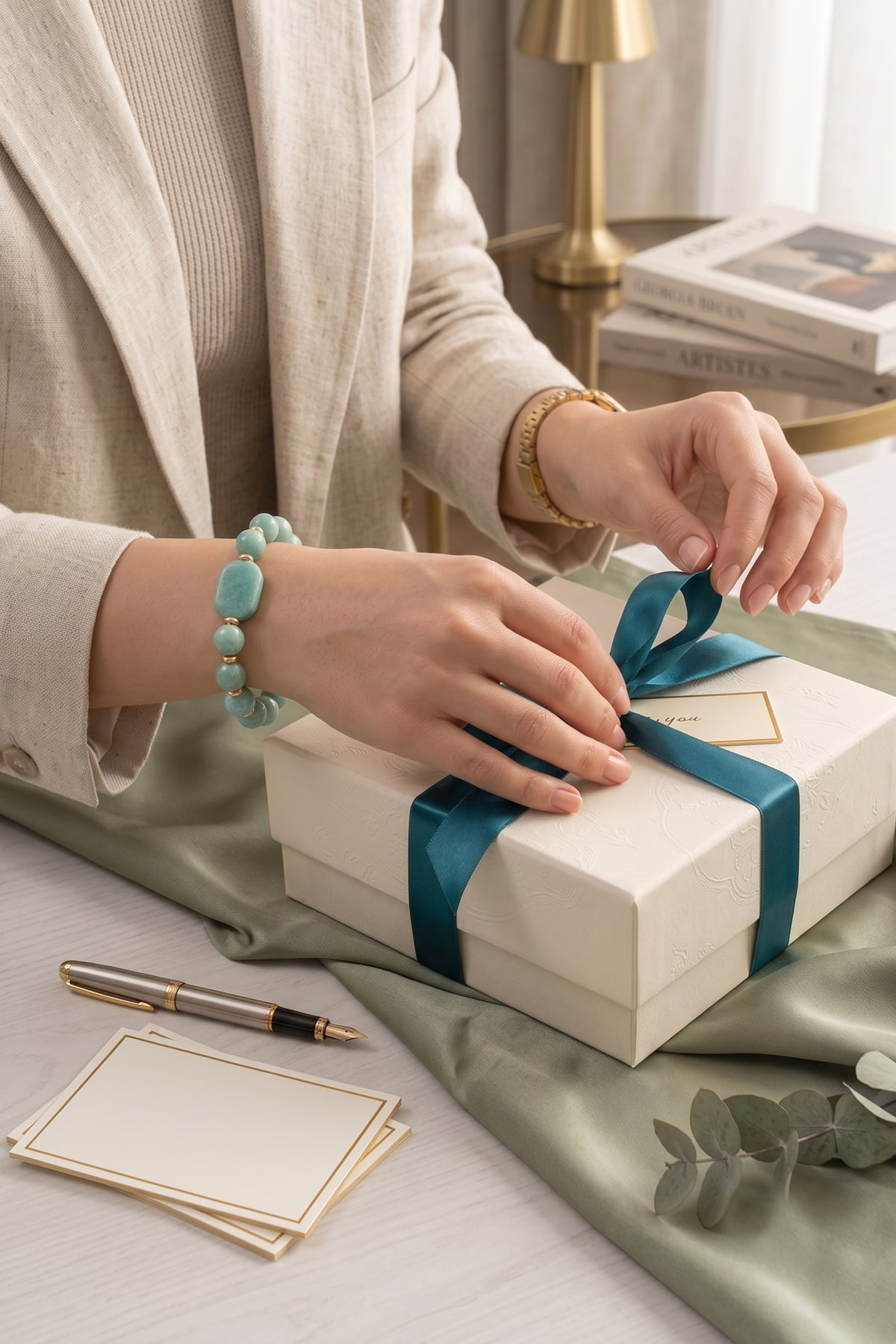 Amazonit Taşlı Gold Klipsli Kadın Doğal Taş Bileklik