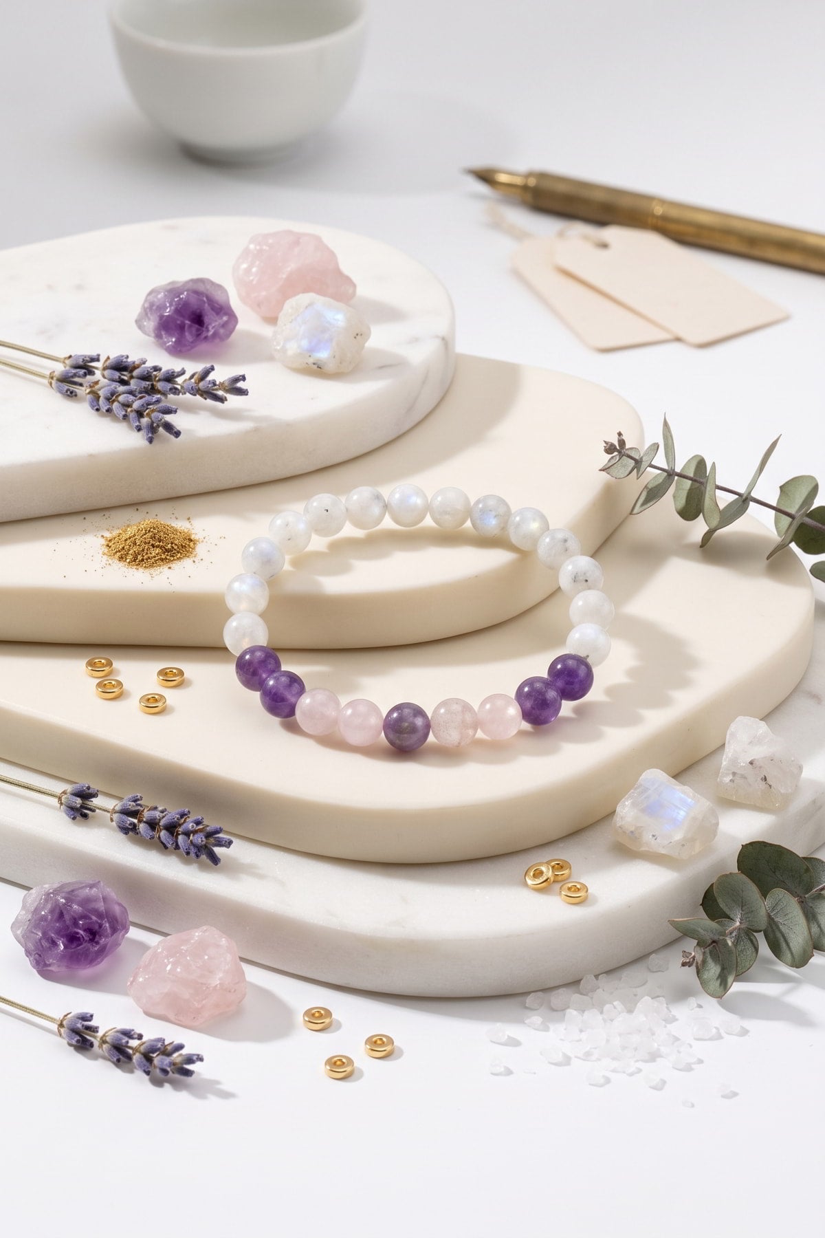Doğal Ay Taşı Ametist Pembe Kuvars Kadın Kombin Bileklik