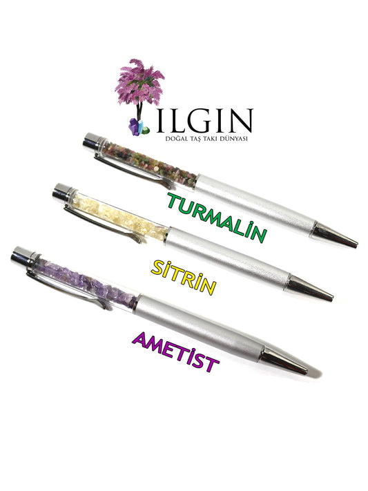 Ilgın 3'lü Doğal Taşlı Metal Tükenmez Kalem Seti - Çok Renkli