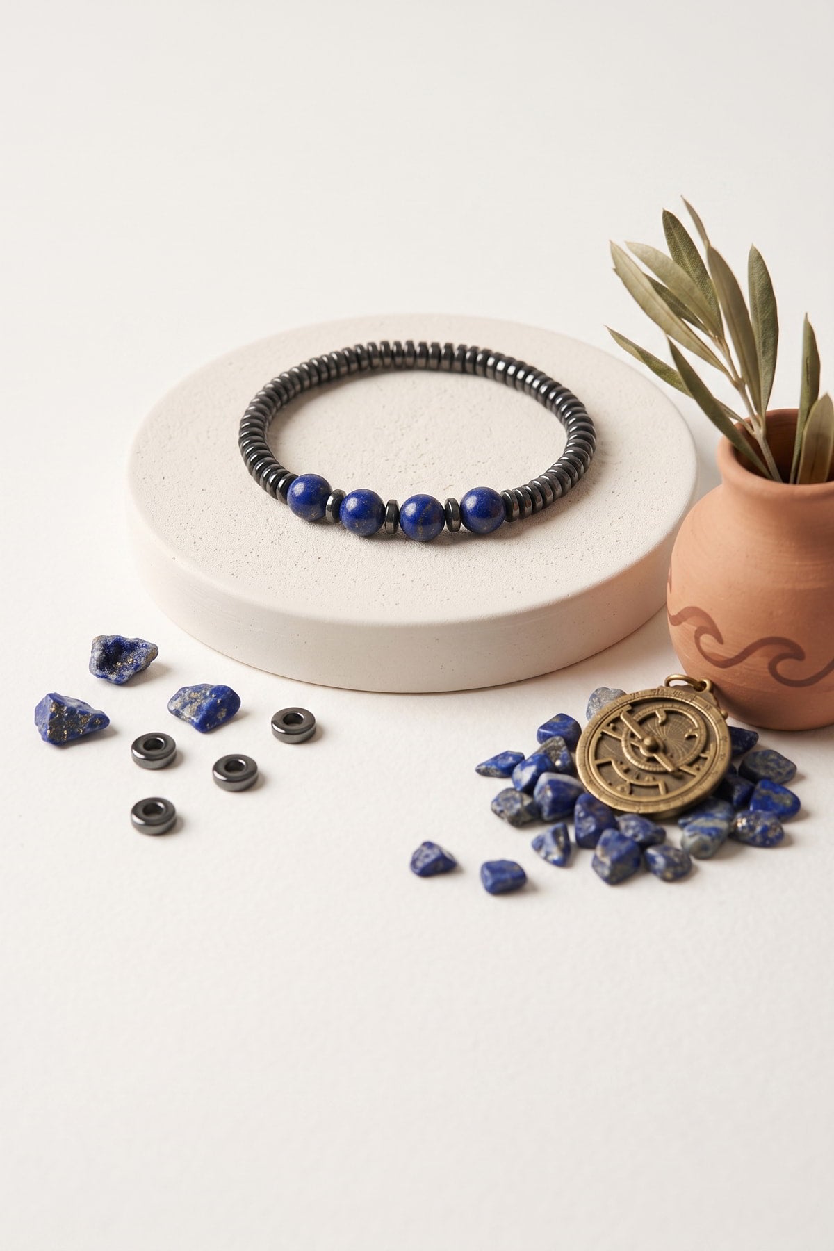 Hakiki Hematit ve Lapis Lazuli Taşı Bileklik - Disk Kesim