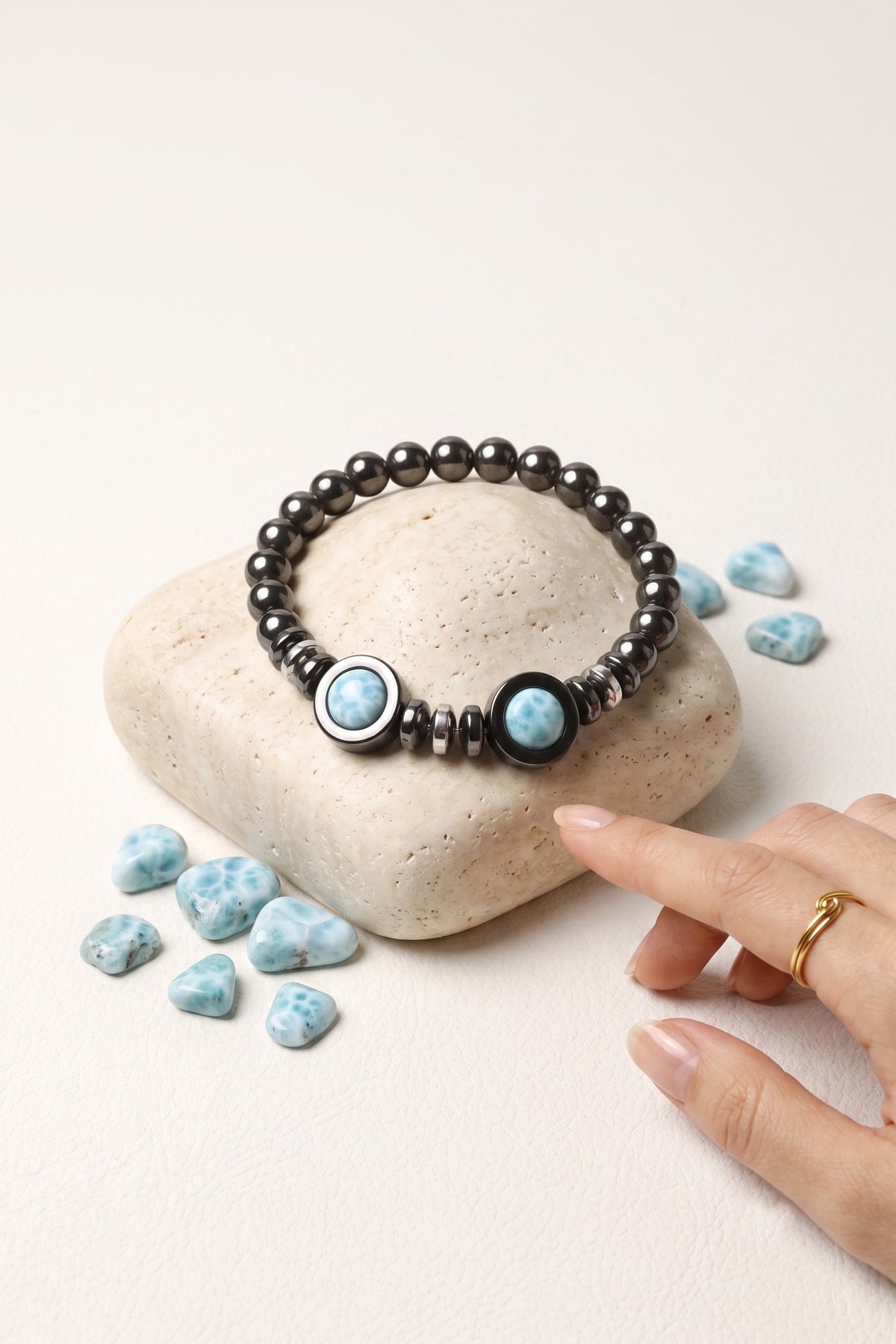 Larimar ve Hematit Taşlı Doğal Taş Unisex Bileklik