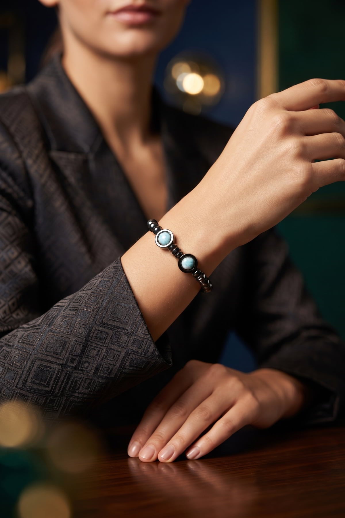 Larimar ve Hematit Taşlı Doğal Taş Unisex Bileklik