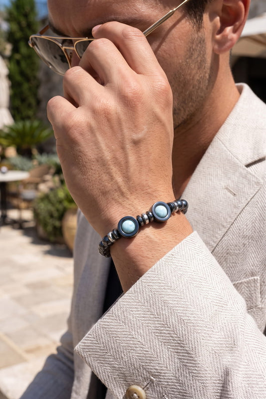 Larimar ve Hematit Taşlı Doğal Taş Unisex Bileklik