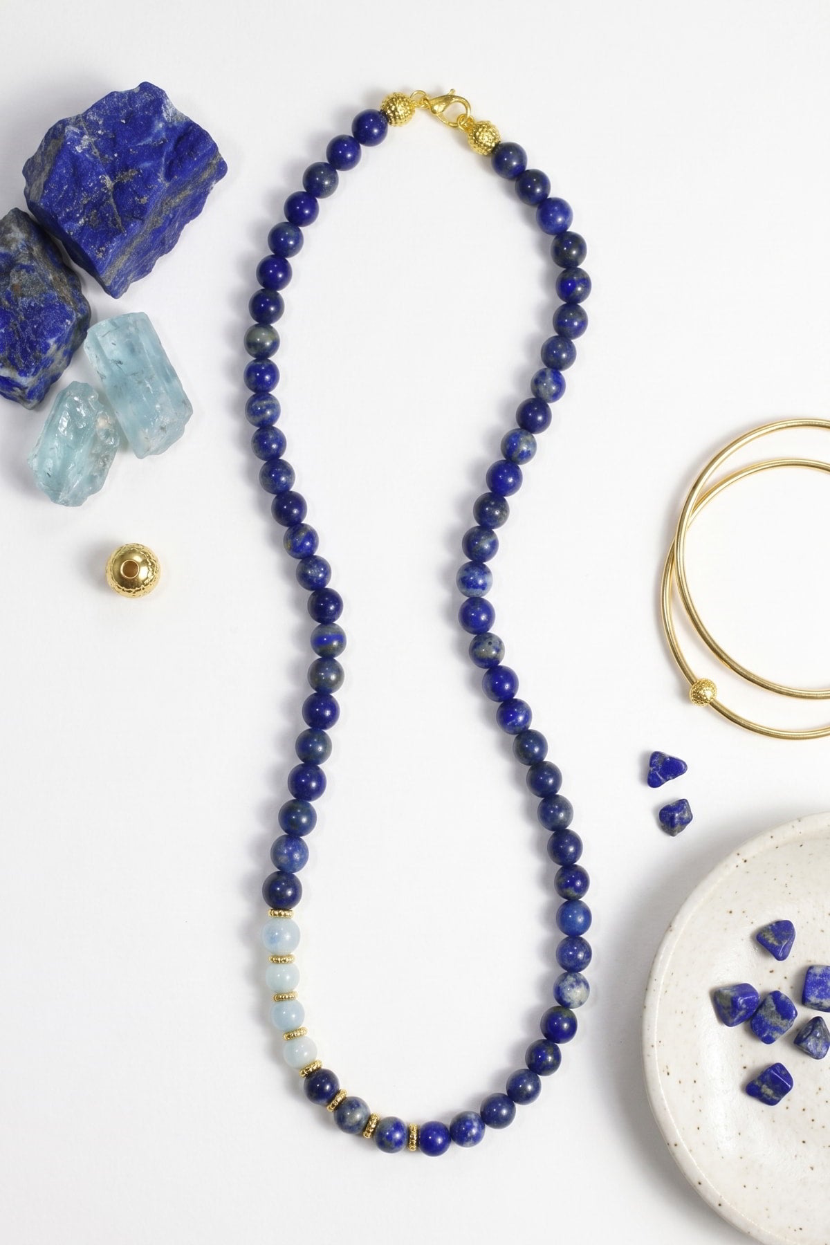 Lapis Lazuli ve Akuamarin Taşlı Gold Detaylı Kadın Kolye