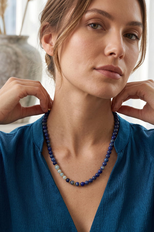 Lapis Lazuli ve Akuamarin Taşlı Gold Detaylı Kadın Kolye