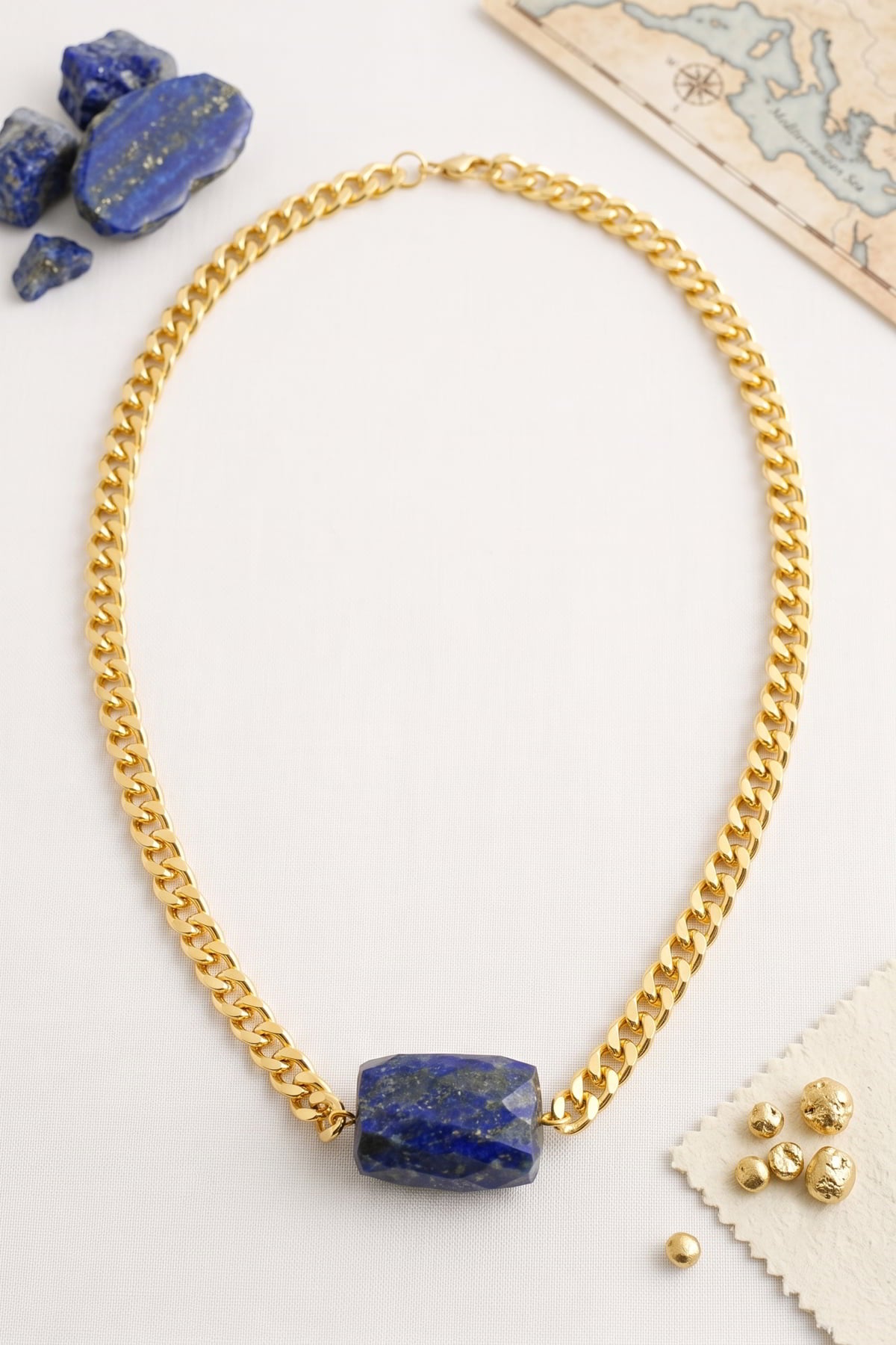 Hakiki Lapis Lazuli Kadın Kolye - Altın Kaplama Örgü Zincirli