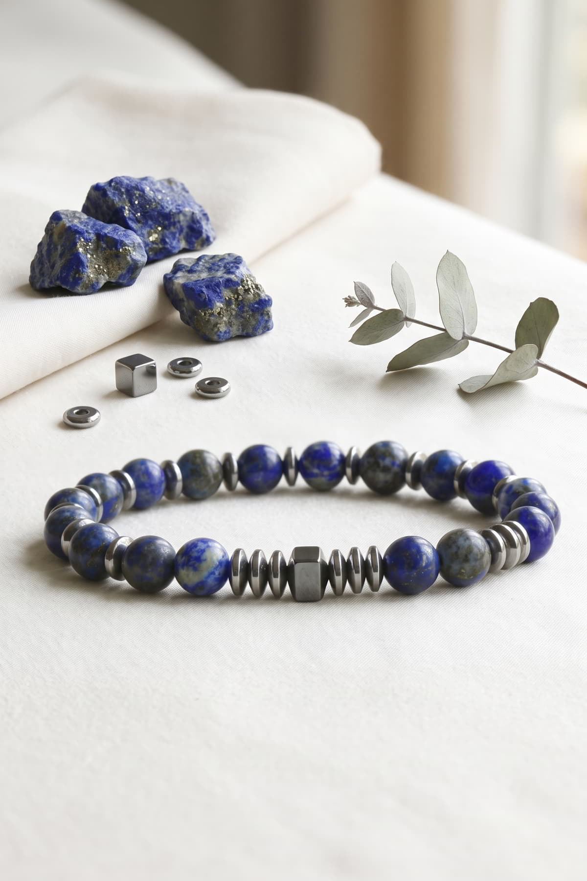 Hakiki Lapis Lazuli ve Hematit Bileklik - Küp Detaylı Mavi