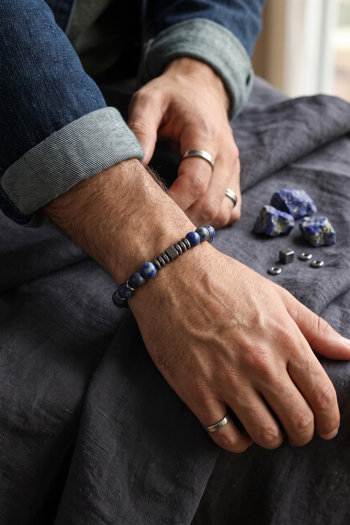 Hakiki Lapis Lazuli ve Hematit Bileklik - Küp Detaylı Mavi
