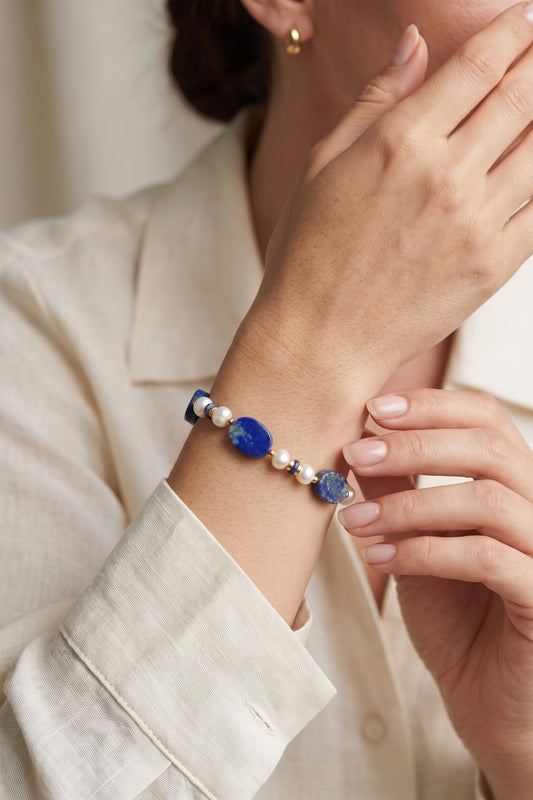 Lapis Lazuli ve İncili Altın Kaplama Kadın Bileklik