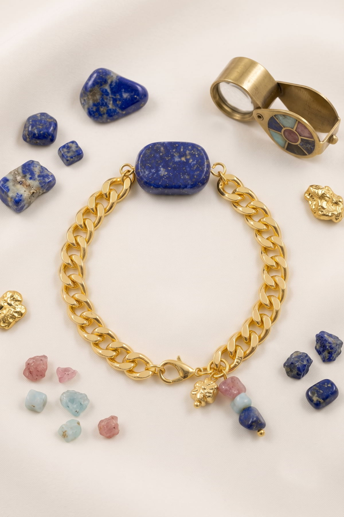 Gold Zincirli Prizma Lapis Lazuli Doğal Taş Bileklik