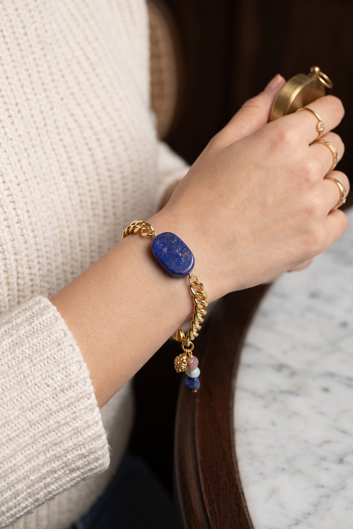 Gold Zincirli Prizma Lapis Lazuli Doğal Taş Bileklik