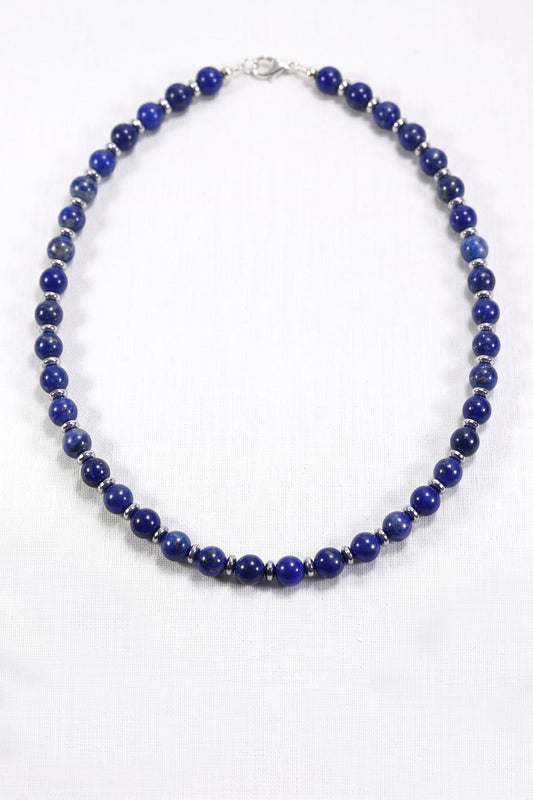 Hakiki Lapis Lazuli ve Hematit Kolye - Lacivert Küre Kesim