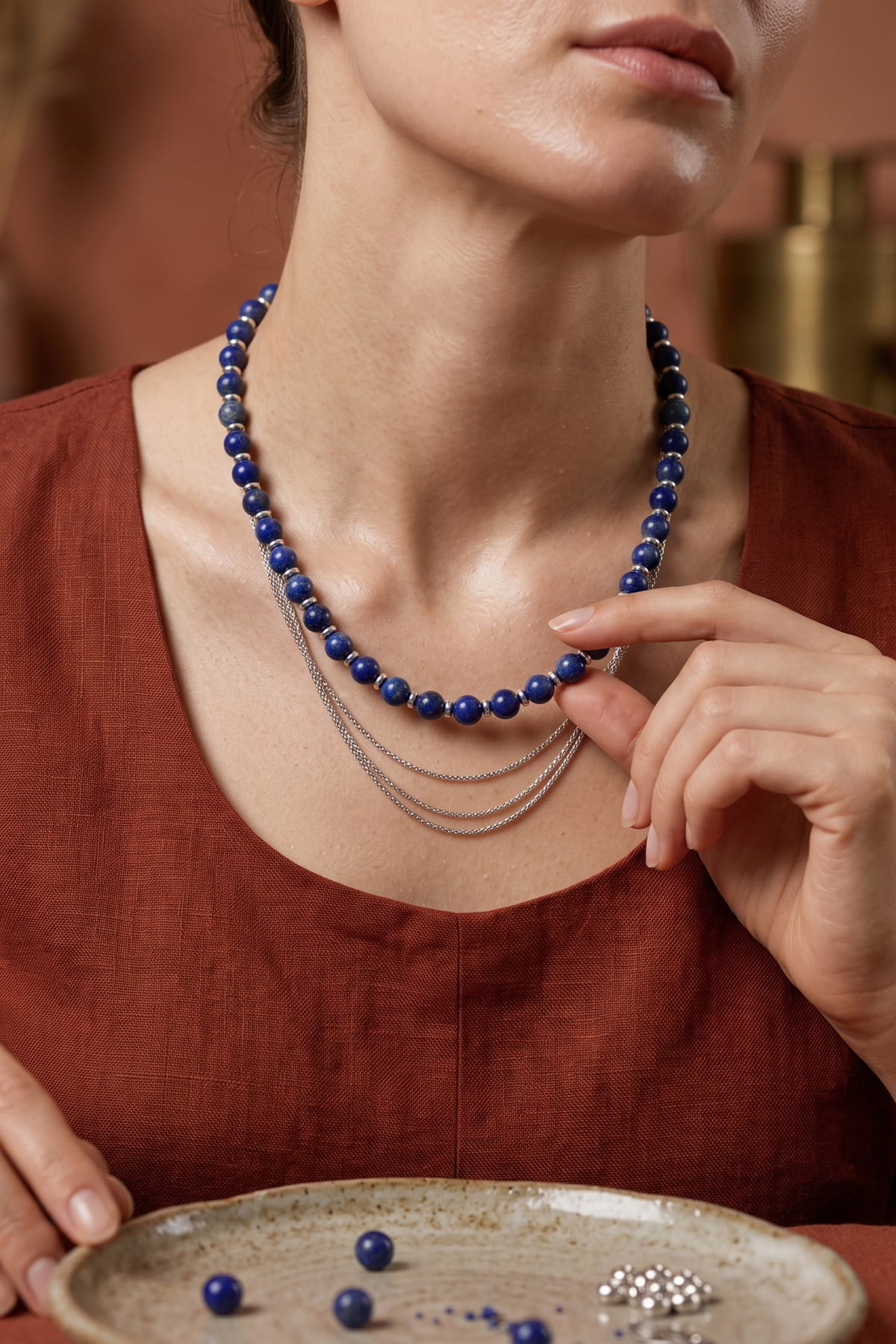 Hakiki Lapis Lazuli ve Hematit Kolye - Lacivert Küre Kesim