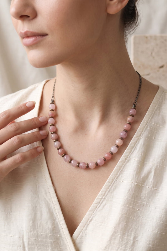 Gökkuşağı Hematit Detaylı Pembe Kuvars Kadın Zincirli Kolye