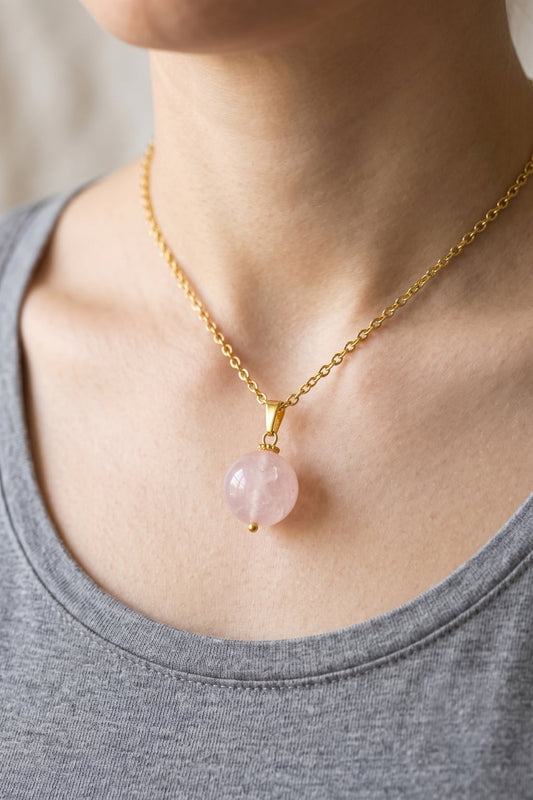 Küre Kesim Pembe Kuvars Doğal Taş Kolye Ucu 12 mm