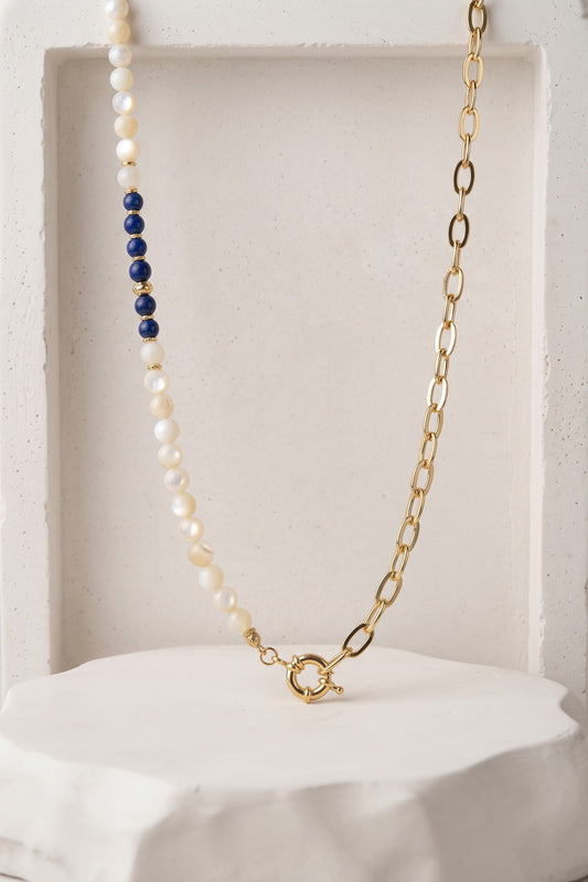 Yarı Sedef Yarı Zincir Lapis Lazuli Kolye - Altın Kaplama
